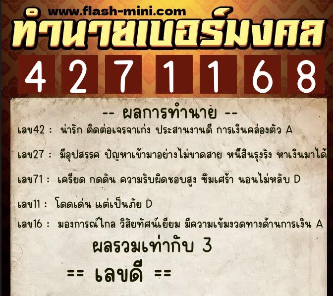 ทำนายเบอร์มงคล 0XX-4271168  ทำนายเบอร์มงคล หมายเลข 096-427116 