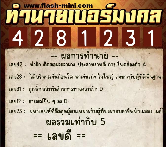 ทำนายเบอร์มงคล 0XX-4281231  ทำนายเบอร์มงคล หมายเลข 097-428123 