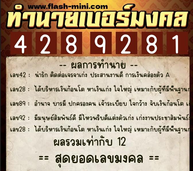 ทำนายเบอร์มงคล 0XX-4289281  ทำนายเบอร์มงคล หมายเลข 080-428928 
