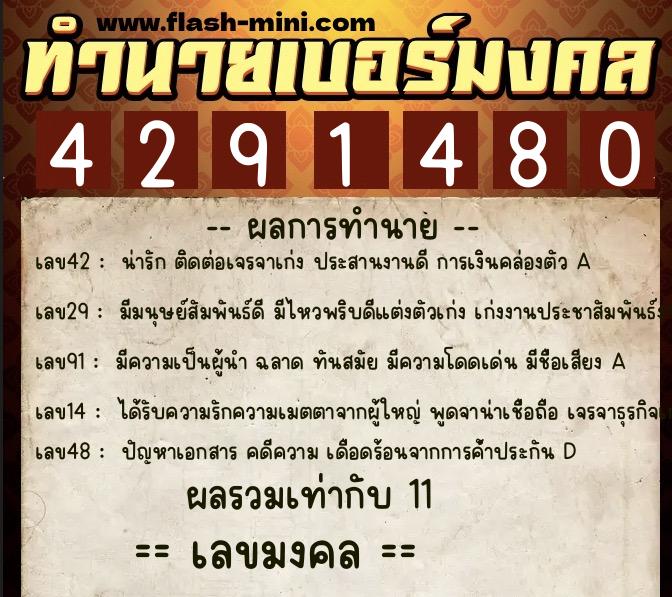 ทำนายเบอร์มงคล 0XX-4291480  ทำนายเบอร์มงคล หมายเลข 068-429148 