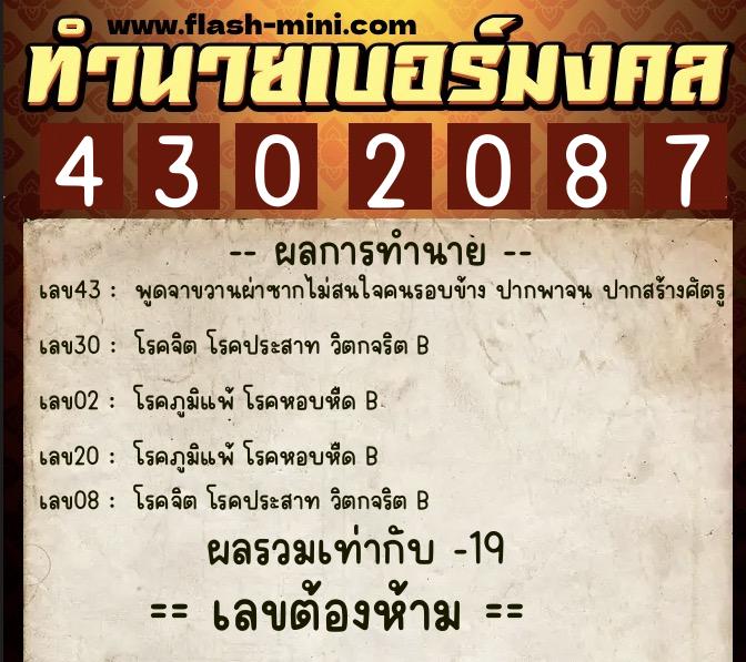 ทำนายเบอร์มงคล 0XX-4302087  ทำนายเบอร์มงคล หมายเลข 061-430208 