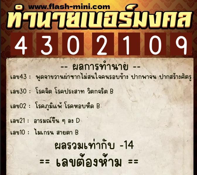 ทำนายเบอร์มงคล 0XX-4302109  ทำนายเบอร์มงคล หมายเลข 090-430210 