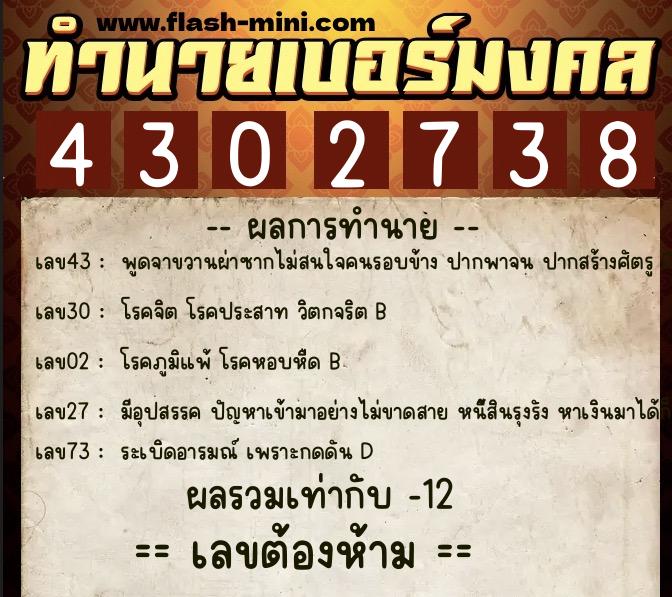 ทำนายเบอร์มงคล 0XX-4302738 ทำนายเบอร์มงคล หมายเลข 080-430273 ทำนายเบอร์มงคล 0XX-4302738 ทำนายเบอร์มงคล หมายเลข 080-430273