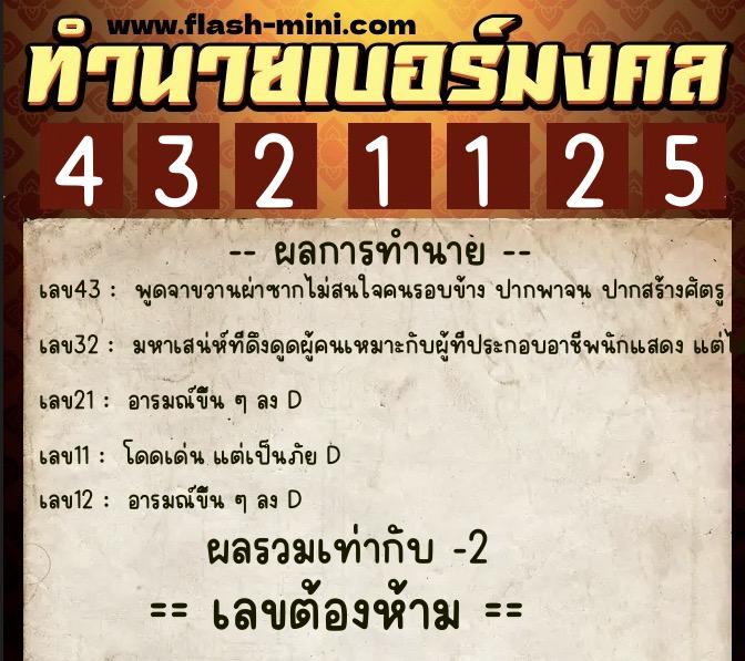 ทำนายเบอร์มงคล 0XX-4321125  ทำนายเบอร์มงคล หมายเลข 060-432112 