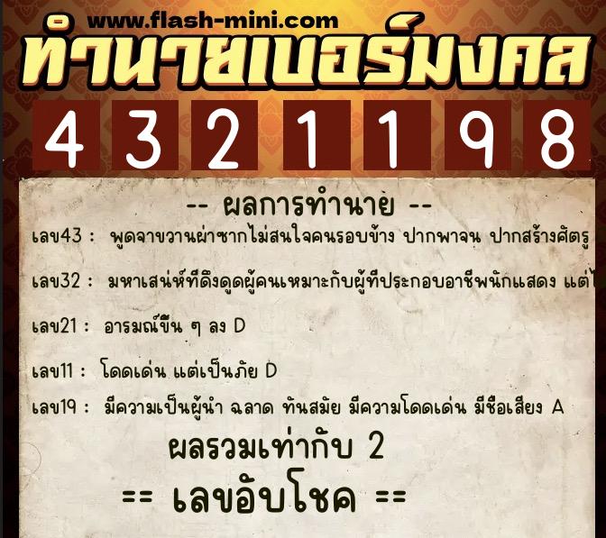 ทำนายเบอร์มงคล 0XX-4321198  ทำนายเบอร์มงคล หมายเลข 091-432119 