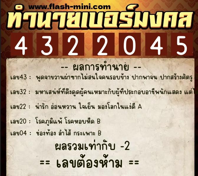 ทำนายเบอร์มงคล 0XX-4322045  ทำนายเบอร์มงคล หมายเลข 080-432204 