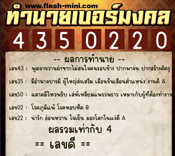 ทำนายเบอร์มงคล 0XX-4350220  ทำนายเบอร์มงคล หมายเลข 098-435022 