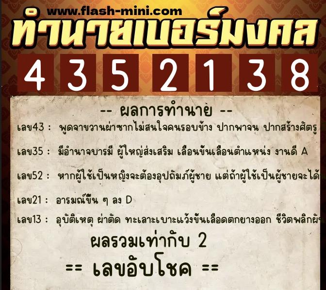 ทำนายเบอร์มงคล 0XX-4352138  ทำนายเบอร์มงคล หมายเลข 066-435213 