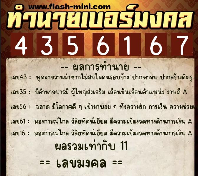 ทำนายเบอร์มงคล 0XX-4356167  ทำนายเบอร์มงคล หมายเลข 096-435616 