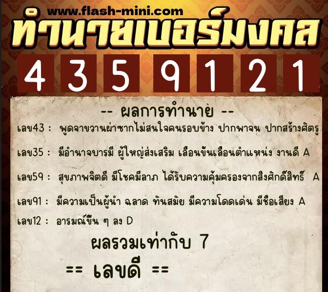 ทำนายเบอร์มงคล 0XX-4359121  ทำนายเบอร์มงคล หมายเลข 084-435912 
