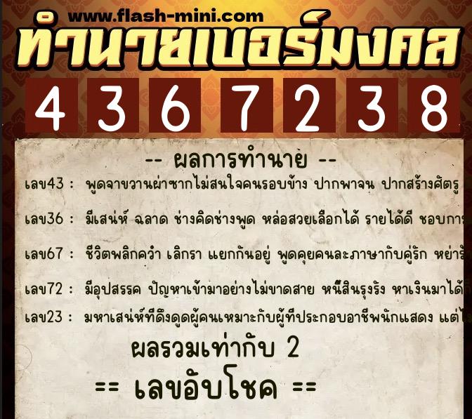 ทำนายเบอร์มงคล 0XX-4367238  ทำนายเบอร์มงคล หมายเลข 098-436723 