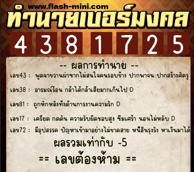 ทำนายเบอร์มงคล 0XX-4381725  ทำนายเบอร์มงคล หมายเลข 060-438172 