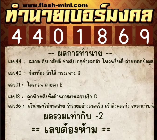 ทำนายเบอร์มงคล 0XX-4401869  ทำนายเบอร์มงคล หมายเลข 066-440186 