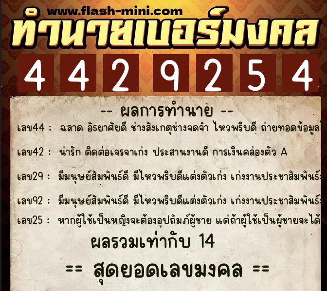 ทำนายเบอร์มงคล 0XX-4429254  ทำนายเบอร์มงคล หมายเลข 084-442925 