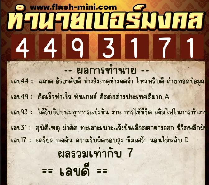 ทำนายเบอร์มงคล 0XX-4493171  ทำนายเบอร์มงคล หมายเลข 082-449317 