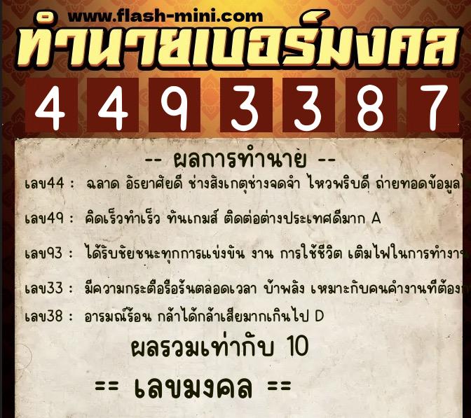 ทำนายเบอร์มงคล 0XX-4493387  ทำนายเบอร์มงคล หมายเลข 066-449338 