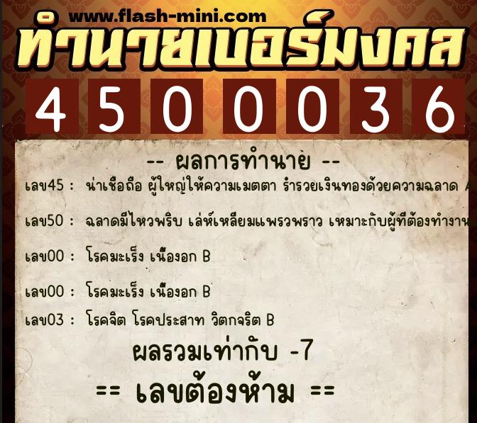 ทำนายเบอร์มงคล 0XX-4500036  ทำนายเบอร์มงคล หมายเลข 088-450003 