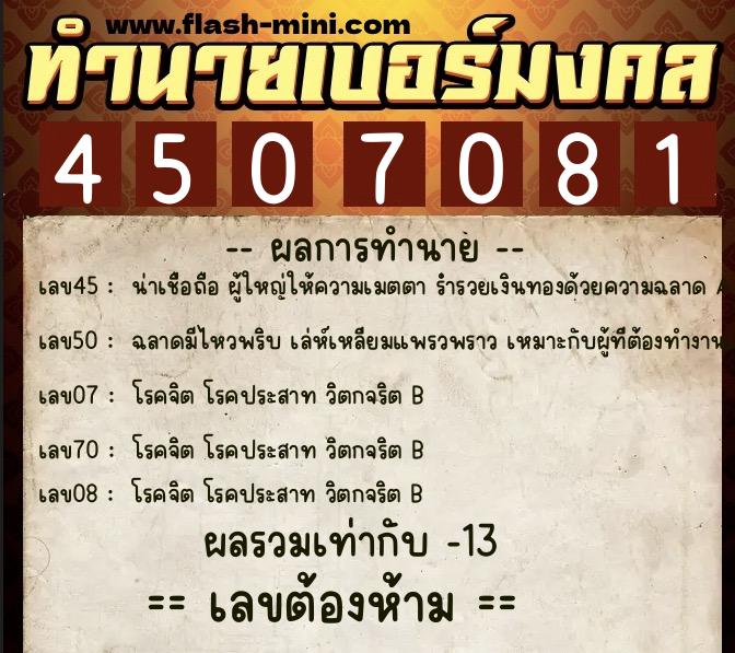 ทำนายเบอร์มงคล 0XX-4507081 ทำนายเบอร์มงคล หมายเลข 061-450708 ทำนายเบอร์มงคล 0XX-4507081 ทำนายเบอร์มงคล หมายเลข 061-450708