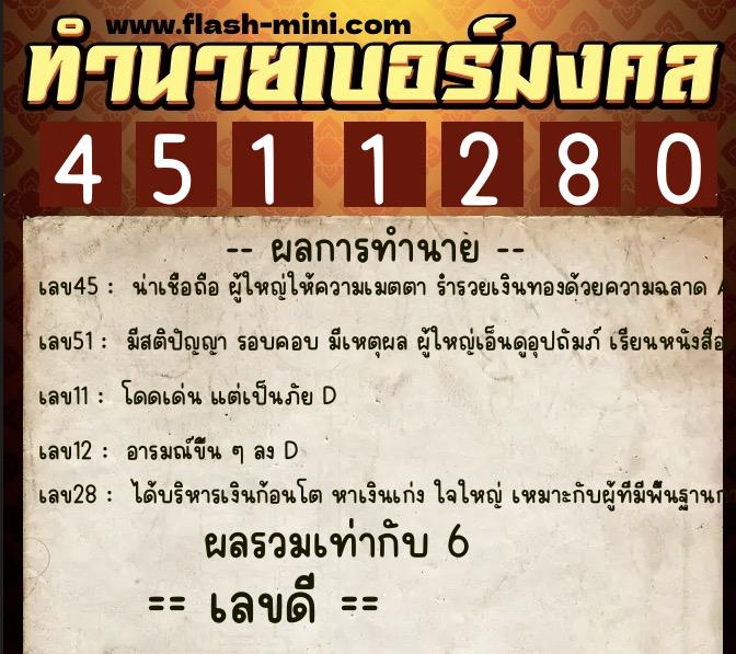 ทำนายเบอร์มงคล 0XX-4511280  ทำนายเบอร์มงคล หมายเลข 064-451128 