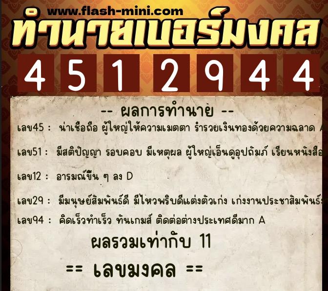 ทำนายเบอร์มงคล 0XX-4512944  ทำนายเบอร์มงคล หมายเลข 096-451294 