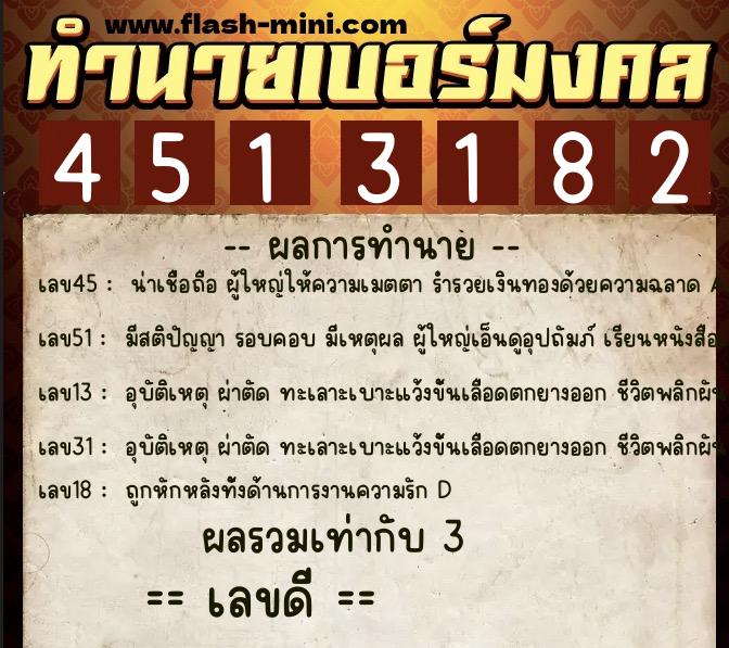 ทำนายเบอร์มงคล 0XX-4513182  ทำนายเบอร์มงคล หมายเลข 064-451318 