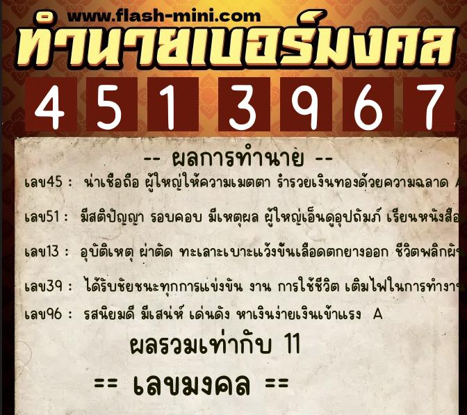 ทำนายเบอร์มงคล 0XX-4513967  ทำนายเบอร์มงคล หมายเลข 085-451396 