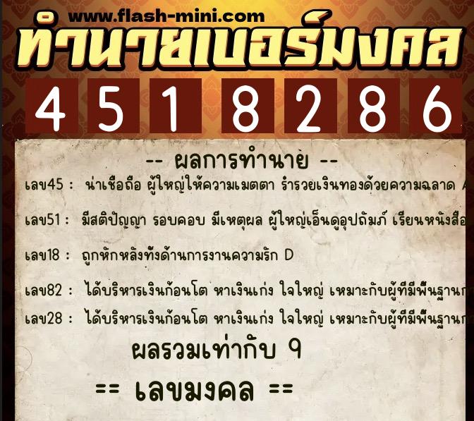 ทำนายเบอร์มงคล 0XX-4518286  ทำนายเบอร์มงคล หมายเลข 065-451828 