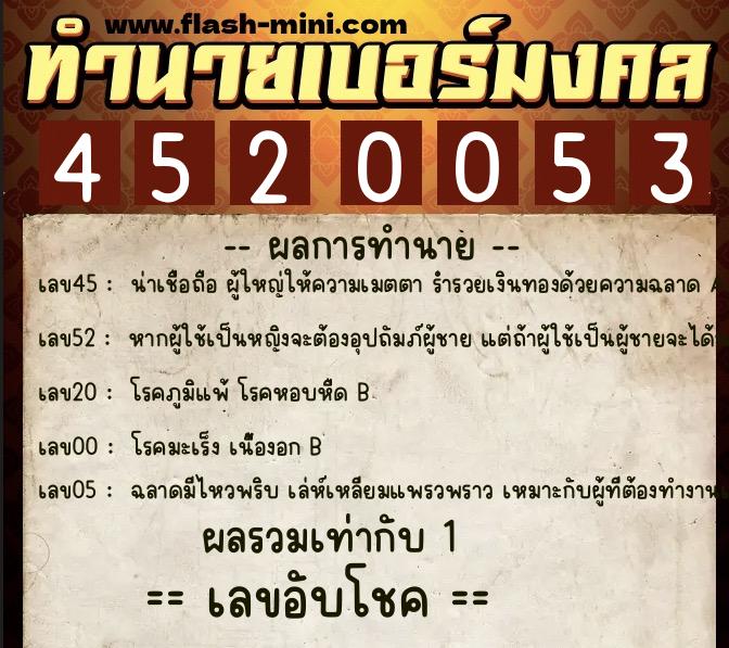 ทำนายเบอร์มงคล 0XX-4520053 ทำนายเบอร์มงคล หมายเลข 087-452005 ทำนายเบอร์มงคล 0XX-4520053 ทำนายเบอร์มงคล หมายเลข 087-452005