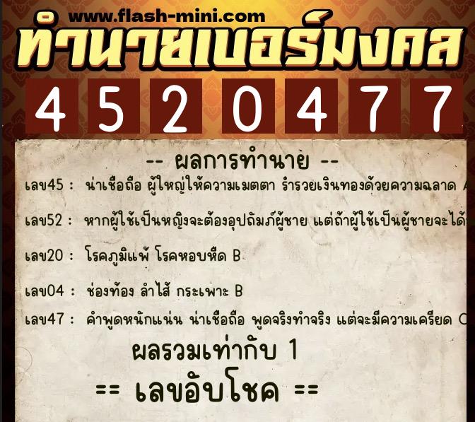 ทำนายเบอร์มงคล 0XX-4520477  ทำนายเบอร์มงคล หมายเลข 086-452047 