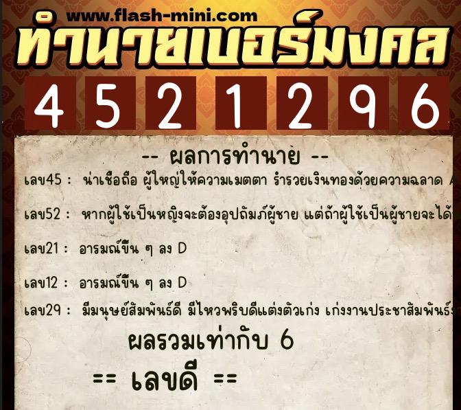 ทำนายเบอร์มงคล 0XX-4521296  ทำนายเบอร์มงคล หมายเลข 096-452129 