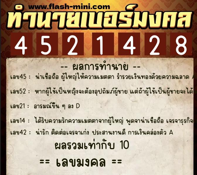 ทำนายเบอร์มงคล 0XX-4521428  ทำนายเบอร์มงคล หมายเลข 085-452142 