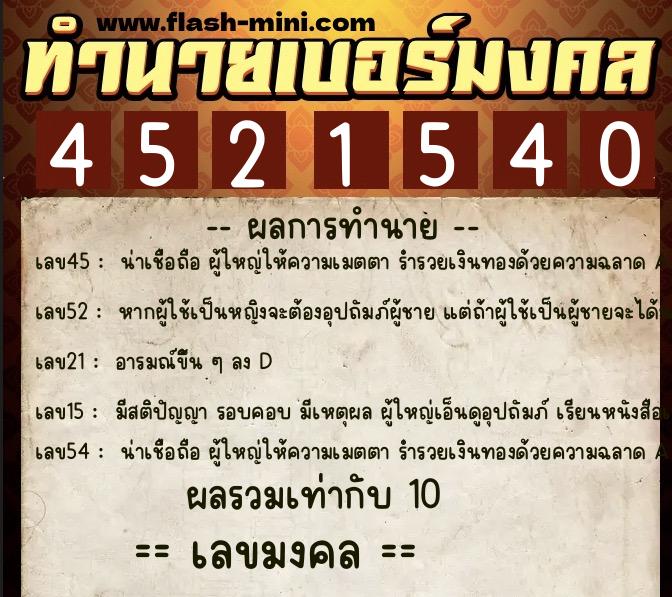 ทำนายเบอร์มงคล 0XX-4521540  ทำนายเบอร์มงคล หมายเลข 060-452154 