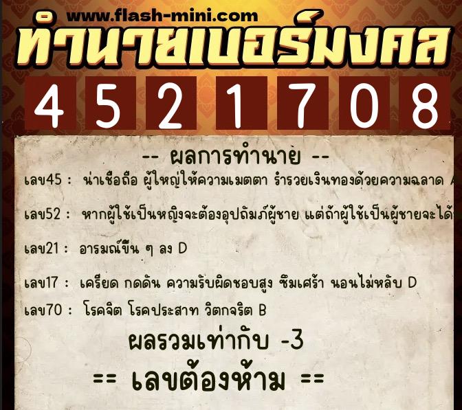 ทำนายเบอร์มงคล 0XX-4521708  ทำนายเบอร์มงคล หมายเลข 099-452170 