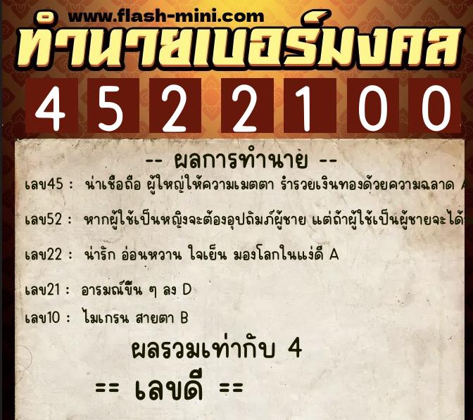 ทำนายเบอร์มงคล 0XX-4522100  ทำนายเบอร์มงคล หมายเลข 085-452210 