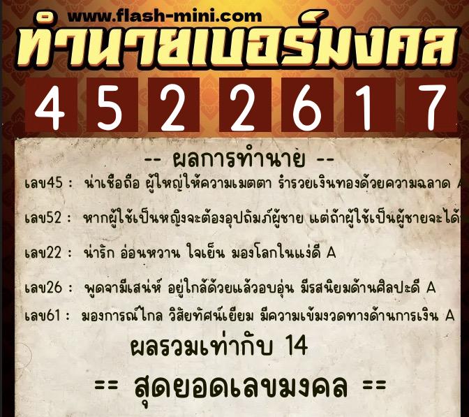 ทำนายเบอร์มงคล 0XX-4522617  ทำนายเบอร์มงคล หมายเลข 099-452261 
