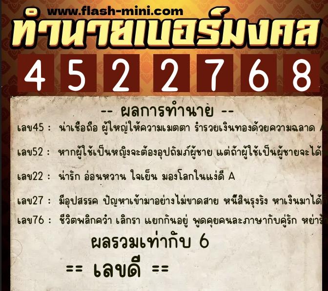 ทำนายเบอร์มงคล 0XX-4522768  ทำนายเบอร์มงคล หมายเลข 088-452276 