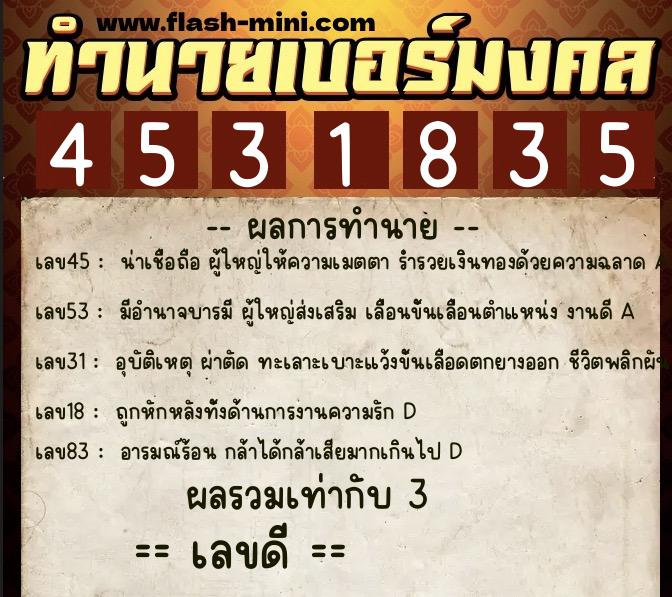 ทำนายเบอร์มงคล 0XX-4531835  ทำนายเบอร์มงคล หมายเลข 064-453183 
