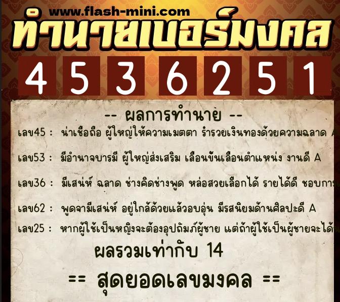 ทำนายเบอร์มงคล 0XX-4536251  ทำนายเบอร์มงคล หมายเลข 099-453625 