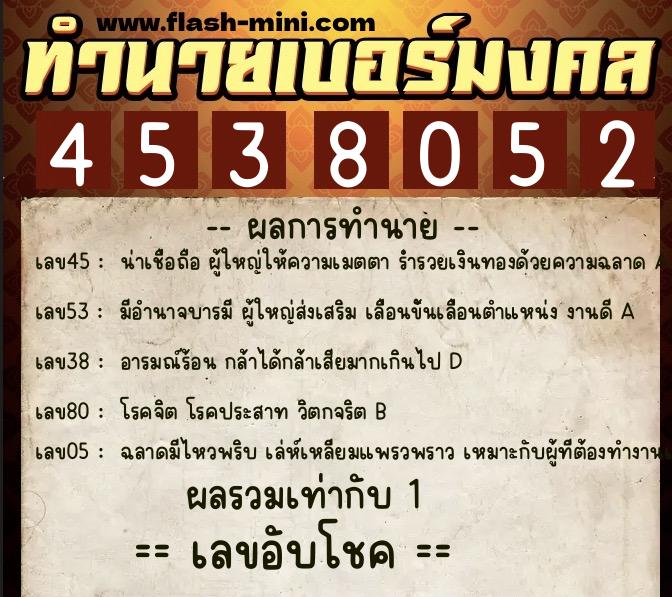 ทำนายเบอร์มงคล 0XX-4538052 ทำนายเบอร์มงคล หมายเลข 082-453805 ทำนายเบอร์มงคล 0XX-4538052 ทำนายเบอร์มงคล หมายเลข 082-453805