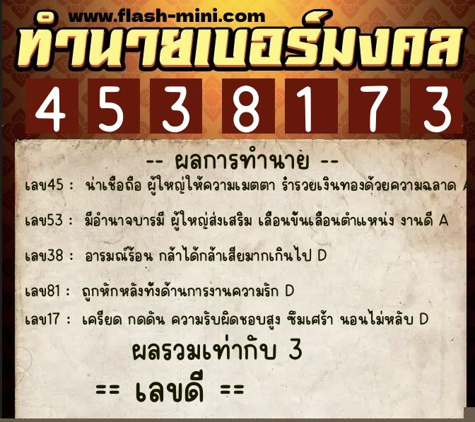 ทำนายเบอร์มงคล 0XX-4538173  ทำนายเบอร์มงคล หมายเลข 066-453817 