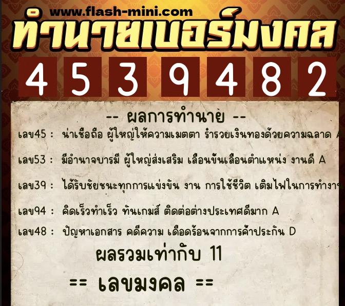 ทำนายเบอร์มงคล 0XX-4539482  ทำนายเบอร์มงคล หมายเลข 082-453948 