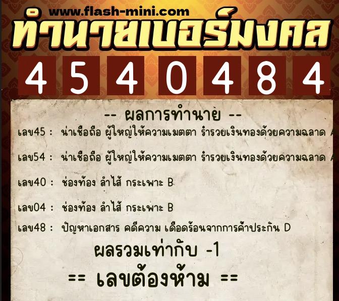 ทำนายเบอร์มงคล 0XX-4540484  ทำนายเบอร์มงคล หมายเลข 091-454048 