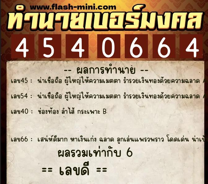 ทำนายเบอร์มงคล 0XX-4540664  ทำนายเบอร์มงคล หมายเลข 086-454066 