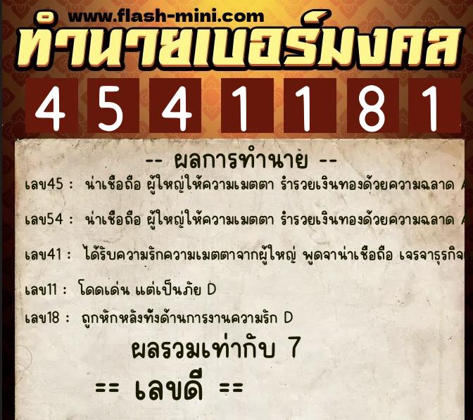 ทำนายเบอร์มงคล 0XX-4541181  ทำนายเบอร์มงคล หมายเลข 098-454118 