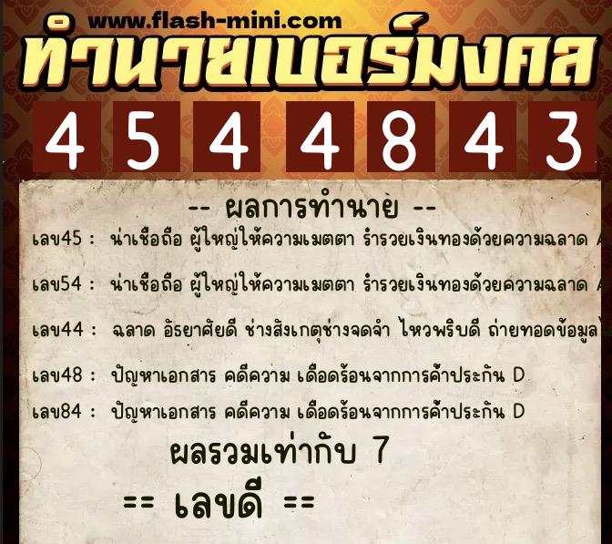 ทำนายเบอร์มงคล 0XX-4544843  ทำนายเบอร์มงคล หมายเลข 098-454484 