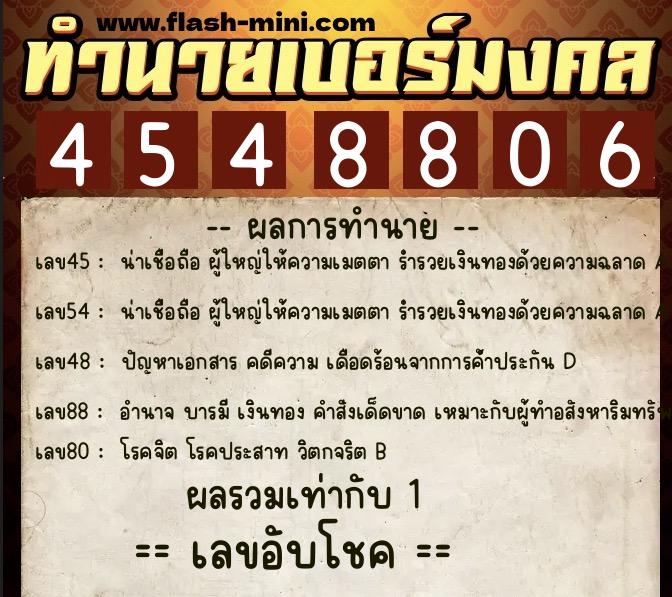 ทำนายเบอร์มงคล 0XX-4548806  ทำนายเบอร์มงคล หมายเลข 067-454880 