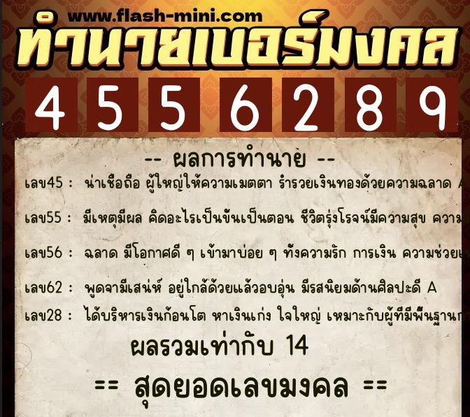 ทำนายเบอร์มงคล 0XX-4556289  ทำนายเบอร์มงคล หมายเลข 081-455628 