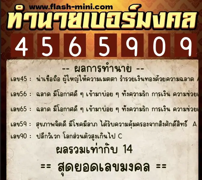 ทำนายเบอร์มงคล 0XX-4565909  ทำนายเบอร์มงคล หมายเลข 061-456590 