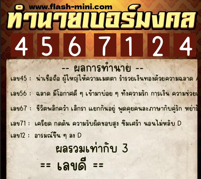 ทำนายเบอร์มงคล 0XX-4567124  ทำนายเบอร์มงคล หมายเลข 081-456712 