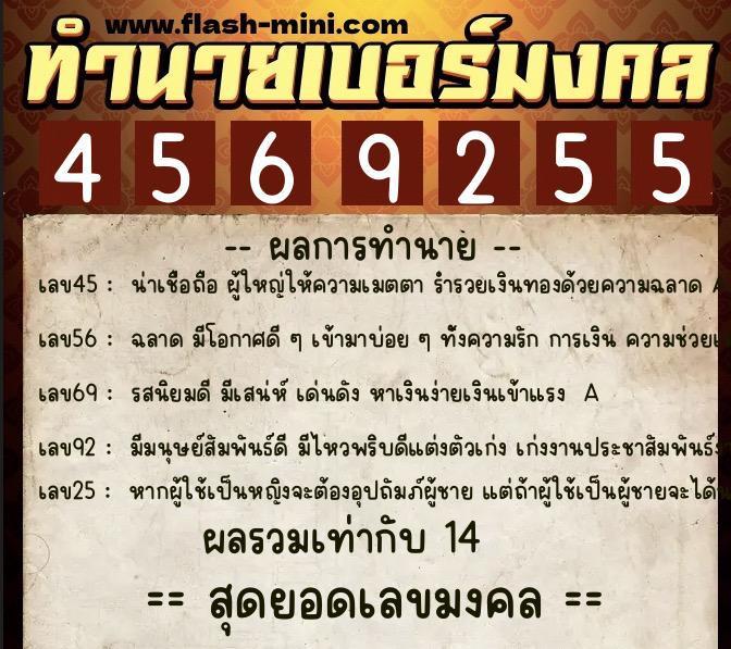 ทำนายเบอร์มงคล 0XX-4569255  ทำนายเบอร์มงคล หมายเลข 065-456925 